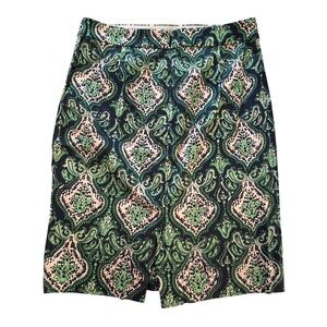 J. Crew Paisely Pencil Skirt Cotton Straight Mini Women’s Size 4 Blue Green